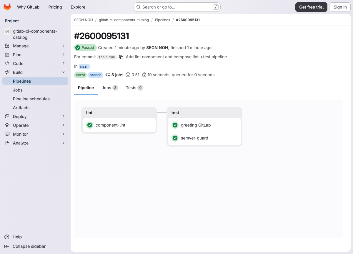 self-test pipeline composed as lint → test in two stages
