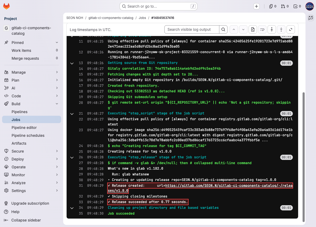 create-release job log — release created with the registry.gitlab.com/gitlab-org/cli (glab) image
