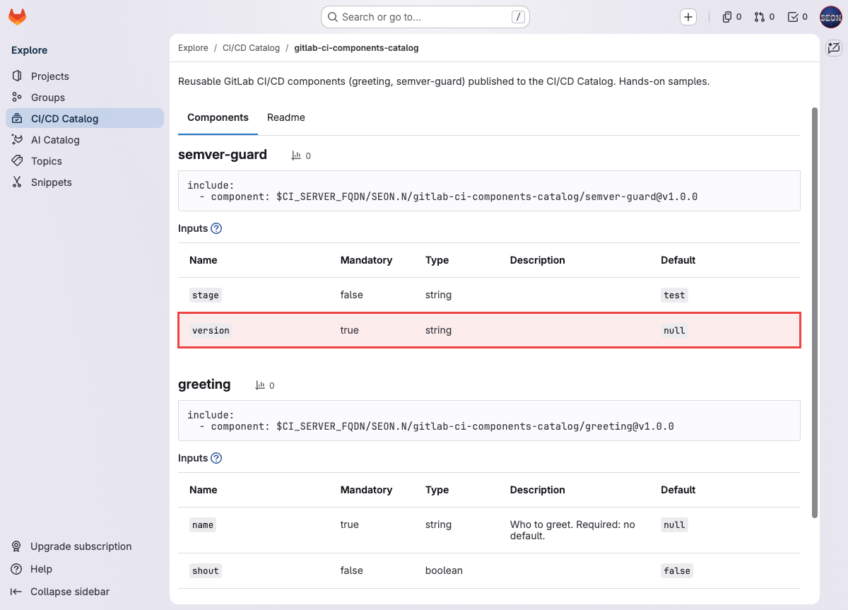 semver-guard in the catalog UI — version is a regex-validated input