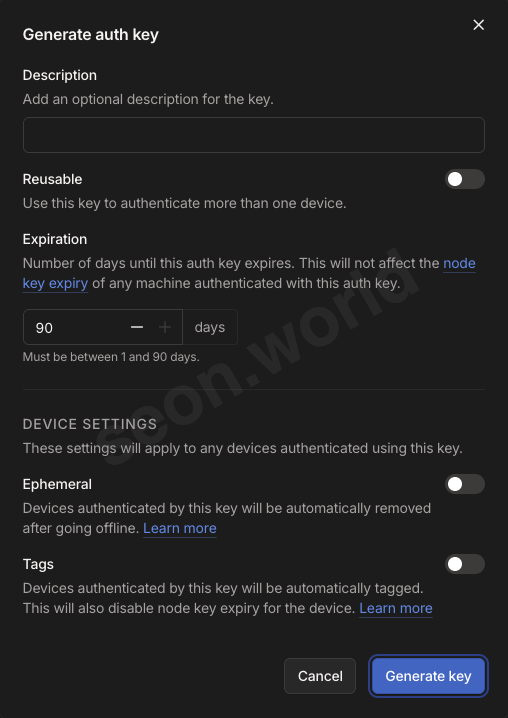 Tailscale admin console Keys