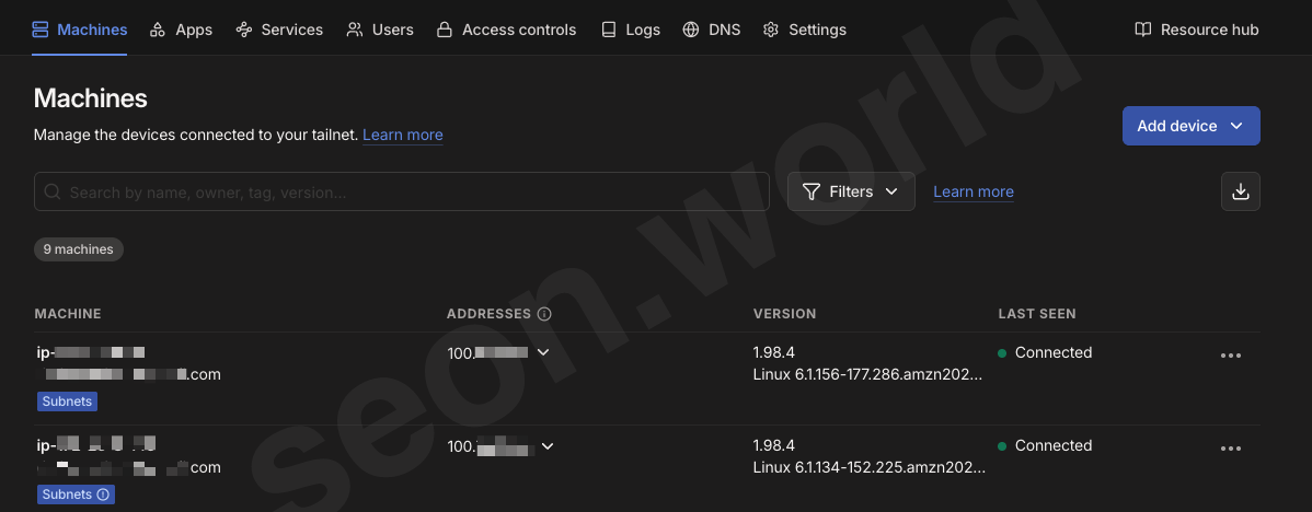 Tailscale admin console Machines list